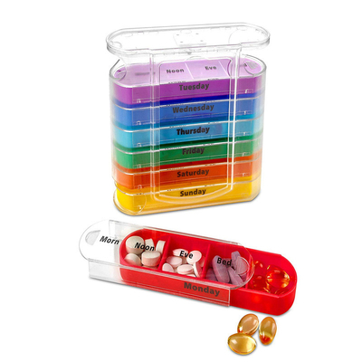 Hot Selling Travel-Sized 28-Day 4-Time Pill Organizer Rainbow PS Plastic Medicine Container Weekly Pill Storage Cases